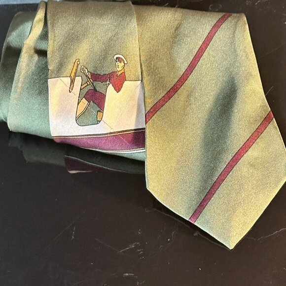 Claude Montana Silk Tie Retro Mid Century Modern Yacht Green Sailing Captain - Picture 2 of 7